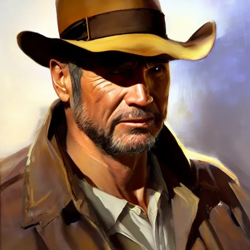 Image similar to greg manchess portrait painting of partially armored indiana jones as overwatch character, medium shot, asymmetrical, profile picture, organic painting, sunny day, matte painting, bold shapes, hard edges, street art, trending on artstation, by huang guangjian, gil elvgren, ruan jia, randy vargas, greg rutkowski