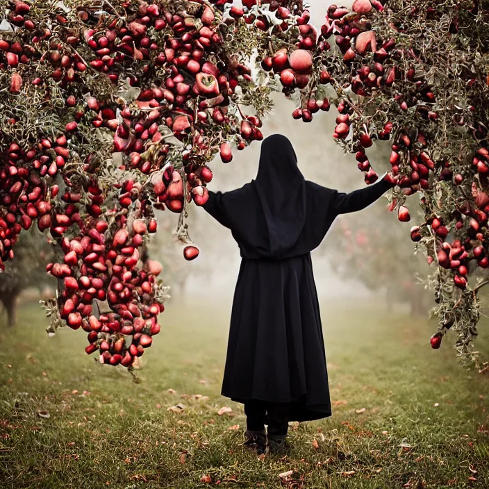 Prompt: a closeup portrait of a woman wearing a hooded cloak made of reflective mylar balloons, picking pomegranates from a tree in an orchard, foggy, moody, photograph, by vincent desiderio, canon eos c 3 0 0, ƒ 1. 8, 3 5 mm, 8 k, medium - format print