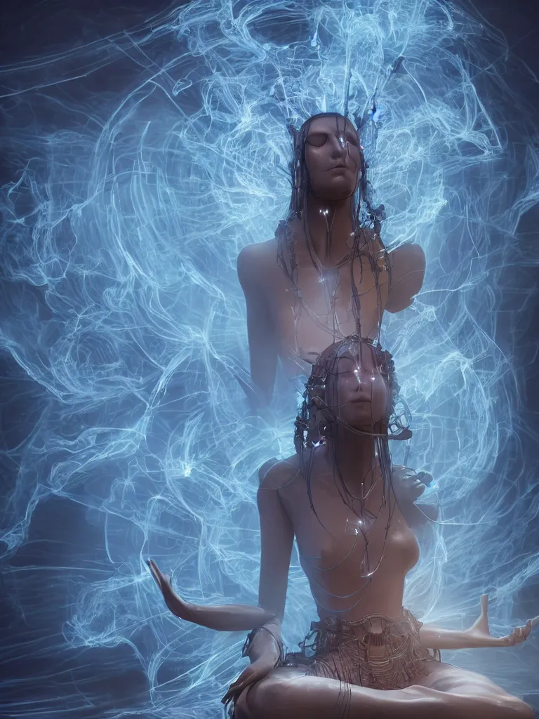 Image similar to an ancient mystical alluring female shaman generating flowing energy and surrounded by wisps of incense smoke sits meditating in a magical cybernetic robot temple, face, by vitaly bulgarov and roberto ferri, 3 d, cinema 4 d render, trending on artstation