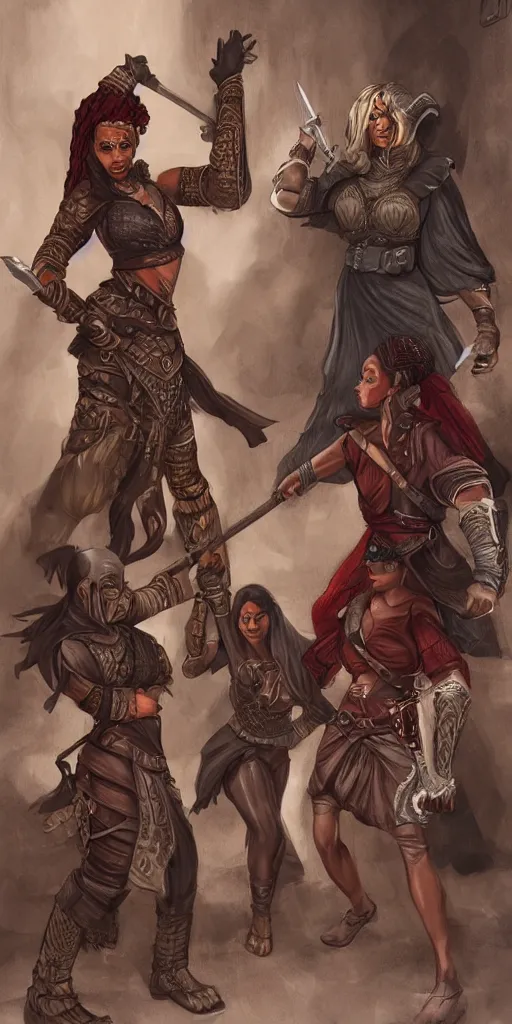 Image similar to female thief and a large young male warrior, and a young female african warrior, d & d, fantasy, portrait, in travis charestart style