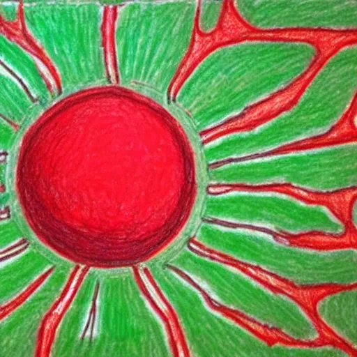 Prompt: drawing of nature after humanity has been extinct outsider art style red ballpoint pen