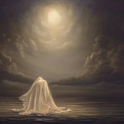 Prompt: ominous bedsheet ghost floating above a river, oil painting, brush strokes, gloomy misty atmosphere, symmetrical, full body image, highly ornate intricate details,