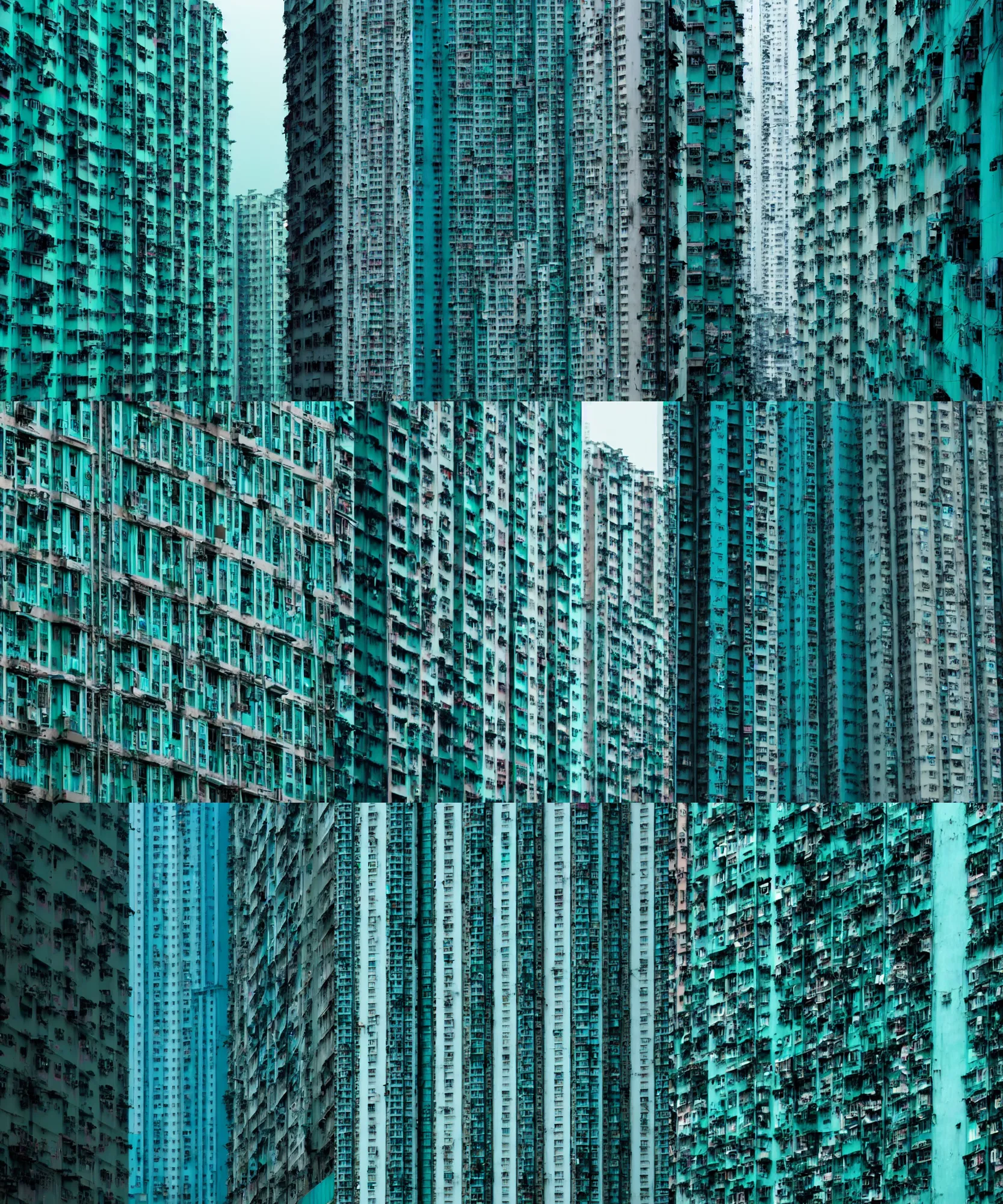 Prompt: denis villeneuve movie still of an apartment building built above road tunnels, in hong kong, establishing shot, monochromatic teal, dark teal lighting, soft dramatic lighting, sharp focus, 4 k digital camera