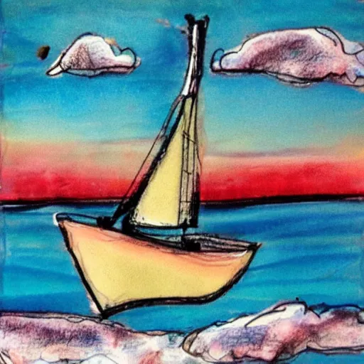 Image similar to a sailboat flying in the sky by night, mixed media, whimsical,