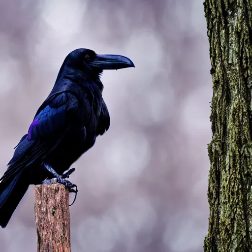 Image similar to A high quality photo of a raven perched on a tree, 4k, detailed, focus on a raven