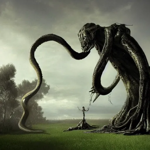 Image similar to A beautiful installation art of a large, looming creature with a long, snake-like body. The creature has many large, sharp teeth, and its eyes glow a eerie green. It is wrapped around a large tree, which is bent and broken under the creature's weight. There is a small figure in the foreground, clutching a sword, which is dwarfed by the size of the creature. warm, Wanda Gág by Naoto Hattori, by Claude Cahun intuitive