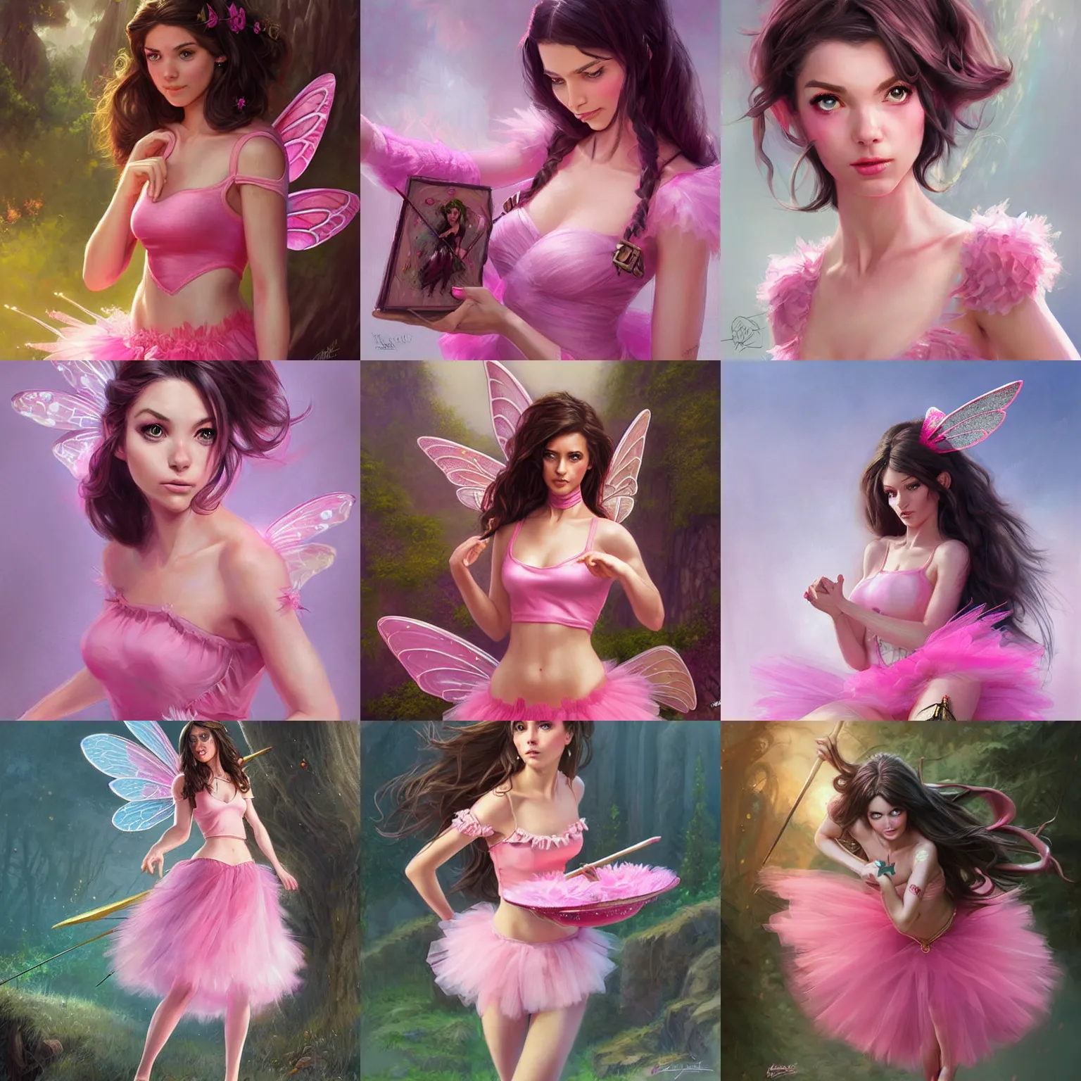 Prompt: brunette fairy woman in her twenties, wearing pink top and platter tutu, d & d, fantasy, highly detailed, digital painting, trending on artstation, concept art, sharp focus, illustration, art by artgerm and greg rutkowski and magali villeneuve