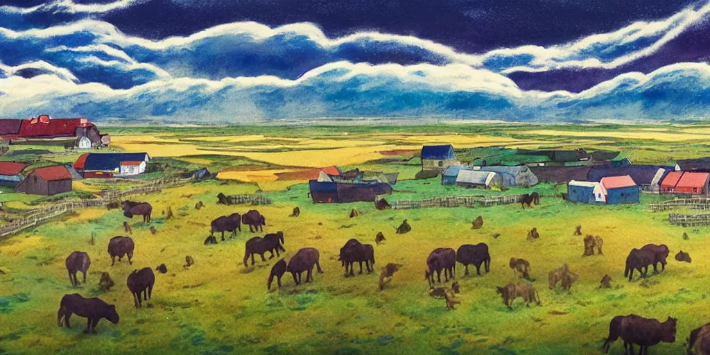 Prompt: a beautiful painting of a icelandic farm, icelandic horses galloping, storm clouds gathering over the town, by studio ghibli 8 k pastel colours, isometric drone shot smeared watercolours, golden light film grain