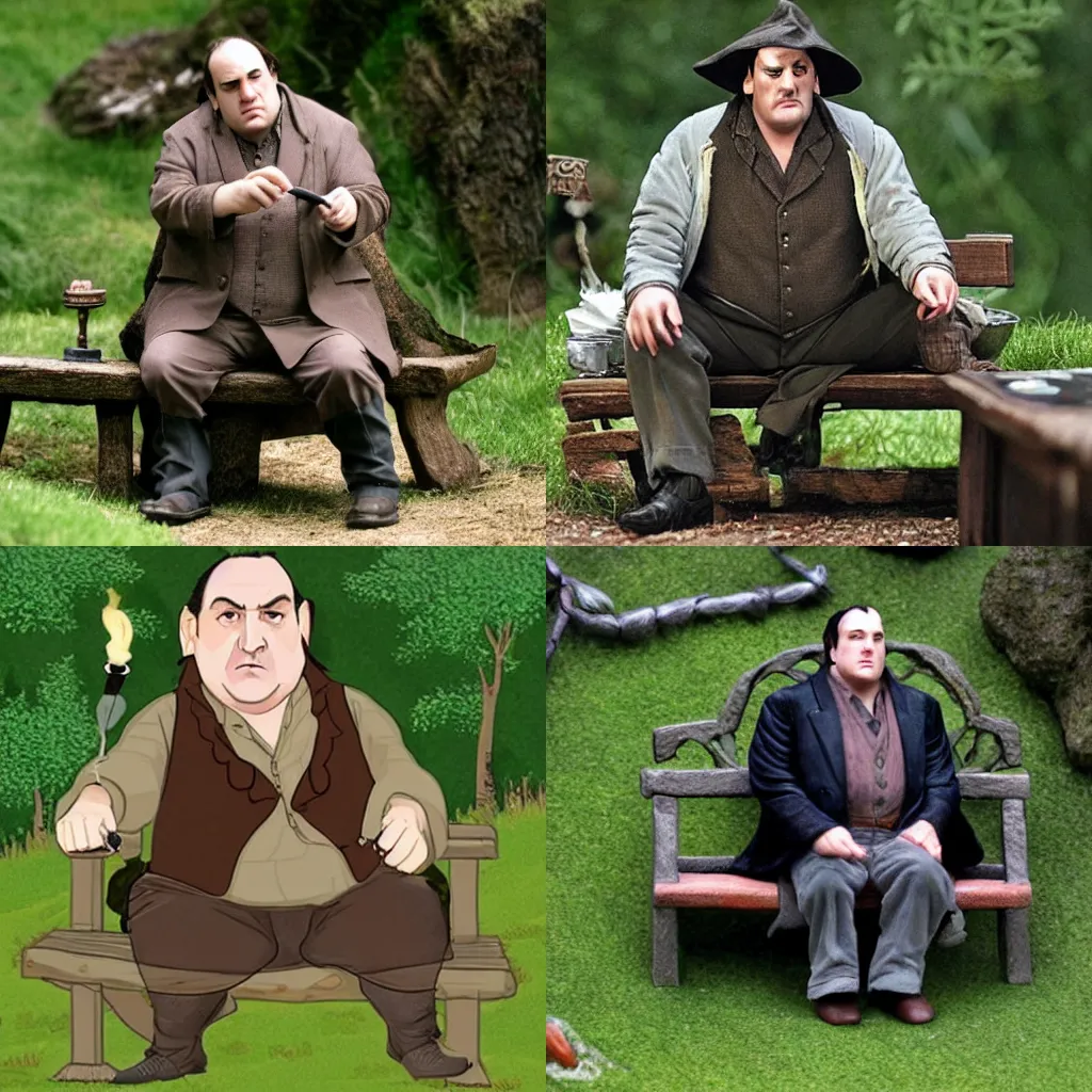 Prompt: tony soprano as a hobbit in the shire sitting on a bench smoking a pipe