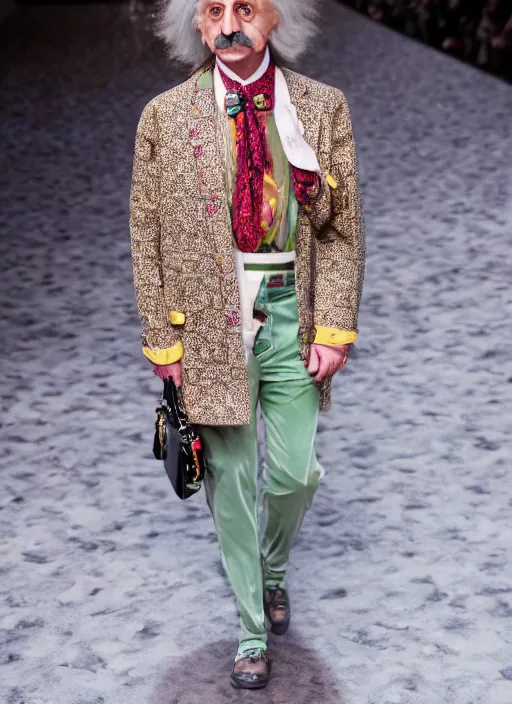 Image similar to hyperrealistic and heavy detailed gucci runway show of albert einstein, leica sl 2 5 0 mm, vivid color, high quality, high textured, real life