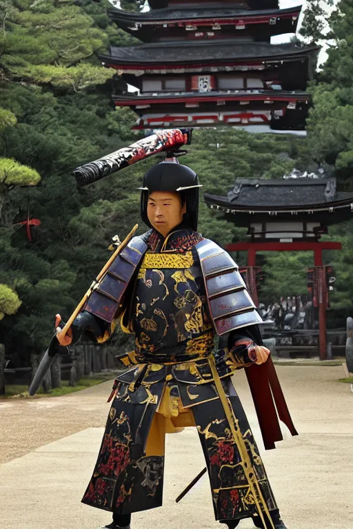 Prompt: a godlike and indomitable helmeted samurai wielding their Odachi before a large Torii gate, the rising sun in the background. Photo realistic. Award winning