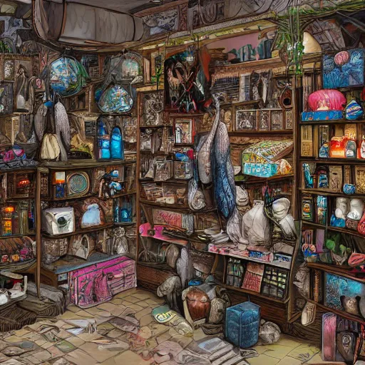 Prompt: in a gift shop, things on the shelves and scattered on the ground, dim light, trending on artstation, mixed media, hyper detailed