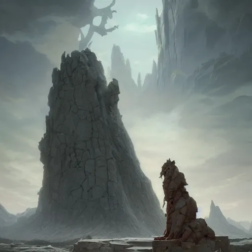 Image similar to stone colossus by grzegorz rutkowski and richard wright and peter mohrbacher, atmospheric haze, stormy, tundra, princess in foreground, large scale