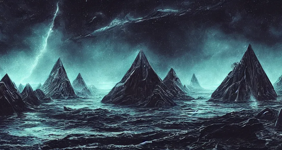 Image similar to black lovecraftian eldritch!! large obsidian pyramid!! surrounded by black motionless sea, endless cosmic sinister space!, bright stars, infinite nebula, sky background by eugene von guerard, ivan shishkin, night, concept art, trending on artstation, 8 k