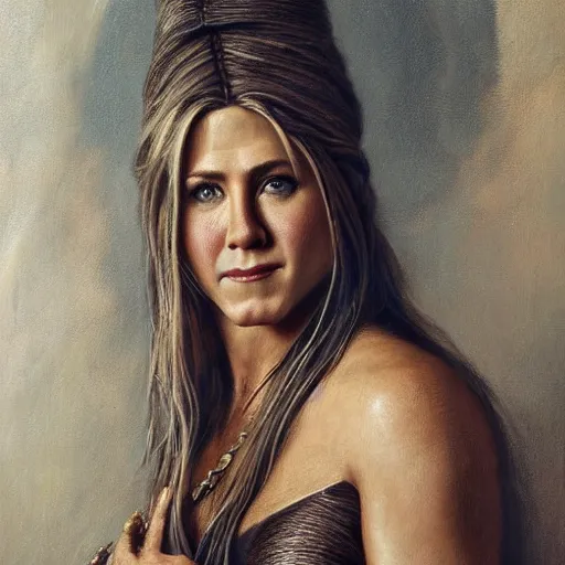 Prompt: the portrait of jennifer aniston as amazon in an intricate dress by roberto ferri, fantasy, witcher, very detailed oil painting, masterpiece, 8 k