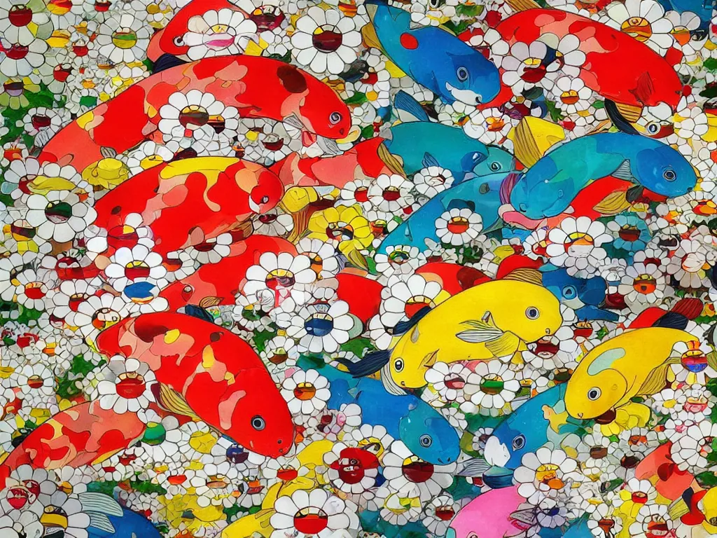 Prompt: colorful koi carp, illustration, concept art, colorful, beautiful, studio ghibli, takashi murakami, aoshima chiho, manga, cute and adorable