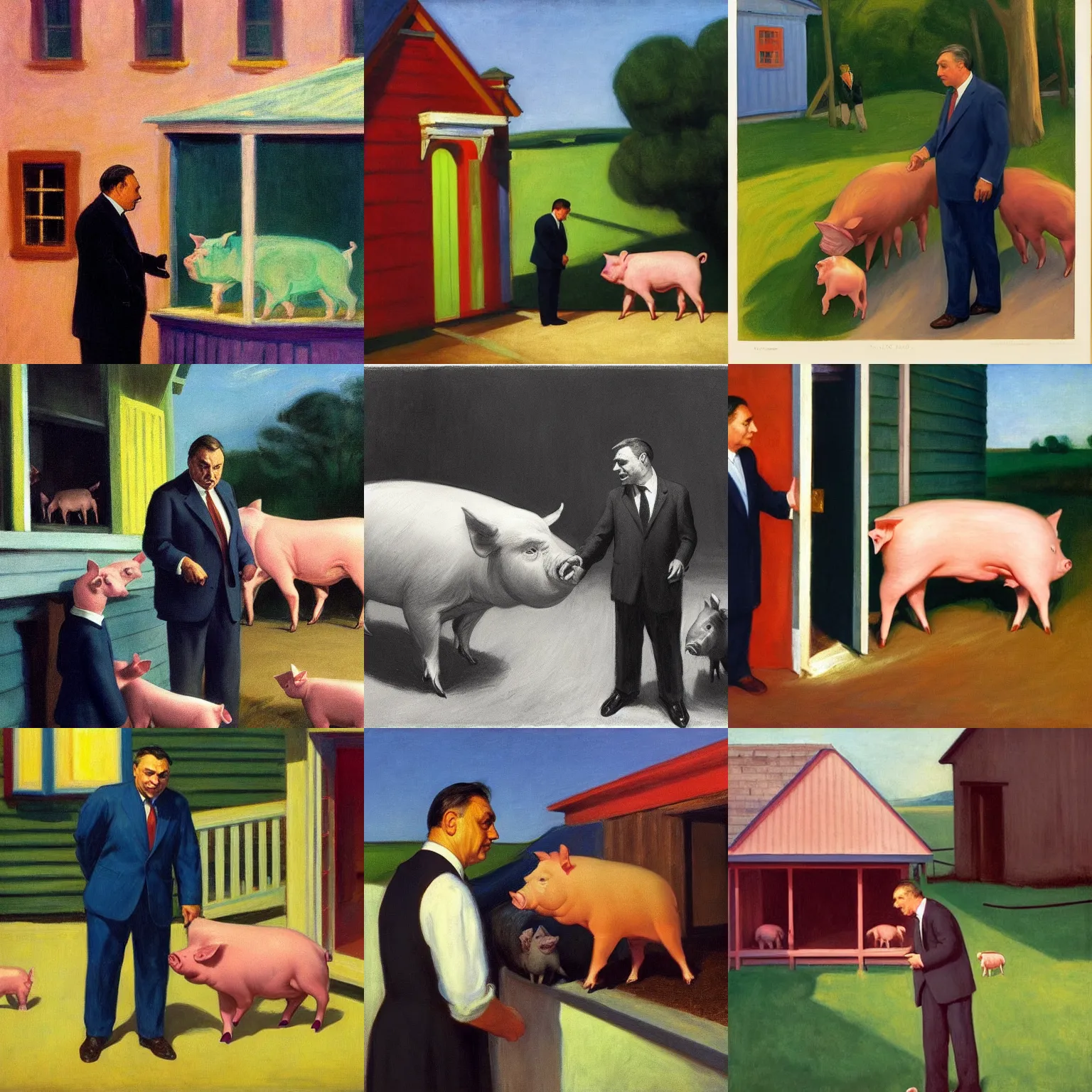 Prompt: viktor orban greeting the pigs in front of the pig house, by edward hopper