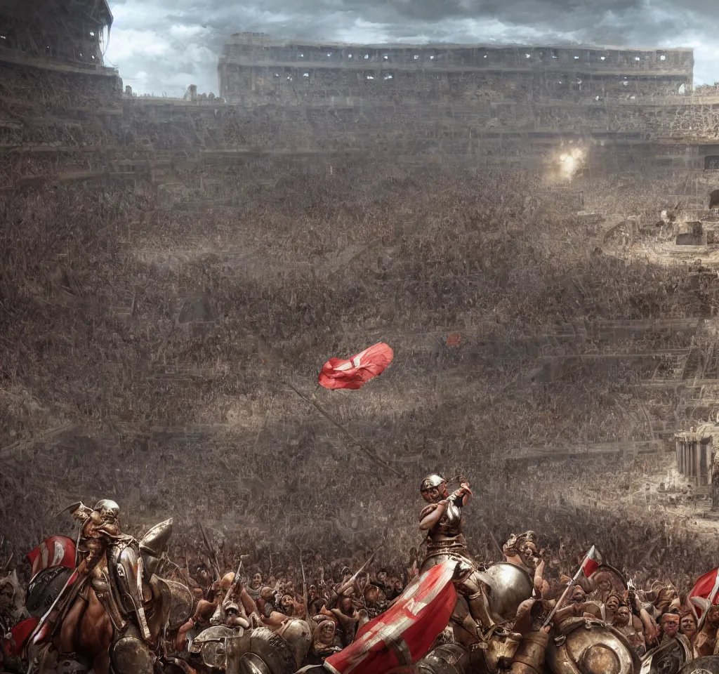 Prompt: Roman Gladiator at battle in a giant coliseum filled with cheering fans, wide angle shot, Flags on pillars , cinematic lightning, medium shot, mid-shot, highly detailed, trending on artstation, Unreal Engine 4k, cinematic, very highly Detailed, digital, HDR, Kodak Ektar, wide-angle lens, 3D concept art by Greg Rutkowski, Gary Houston, Stephan Martiniere and Alexander Fedosav