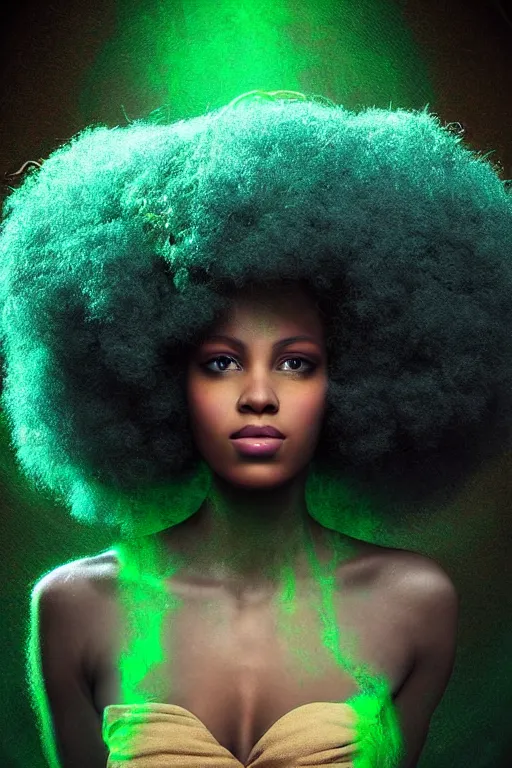 Prompt: beautiful portrait of one goddess with gorgeous afro hair with deep emerald eyes, afrofuturism style, neo-gothic bioluminiscent details in the background, moody volumetric lighting, 8K