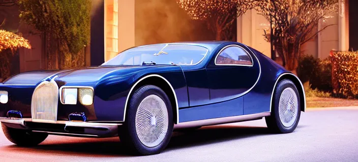 Image similar to a single bugatti type 5 7 sc atlantic and delorean hybrid, dslr, volumetric lighting