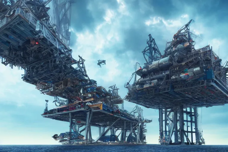 Prompt: a futuristic oil rig tower cluster, built of scavenged parts from oil tankers and containerships. Reaches the clouds above. Roaring Ocean, early dawn. Beautiful skies. HD. Trending on artstation. Highly detailed.