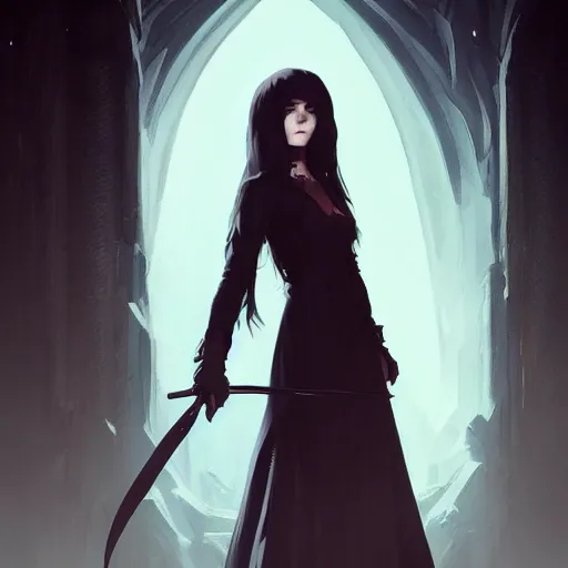 Image similar to female human vampire witch in the style of greg rutkowski, makoto shinkai, trending on artstation, character design, concept art, pretty face, highly detailed, long black hair, portrait, digital art