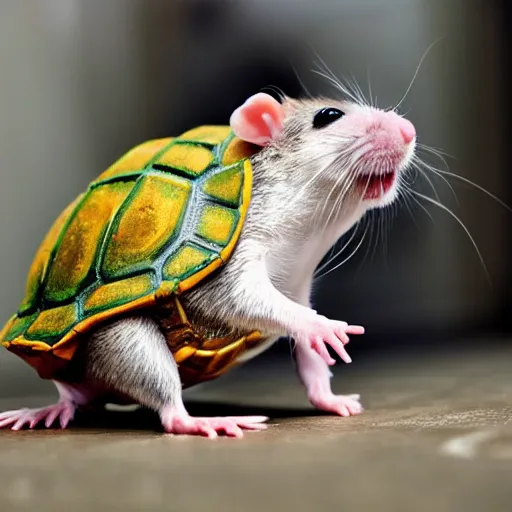 Prompt: cute rat wearing a turtle shell