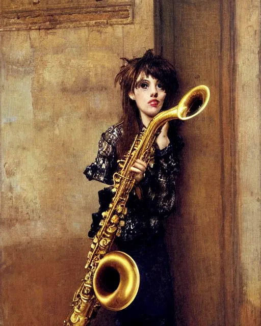 Prompt: Punk girl playing saxophone by Mario Testino, oil painting by Lawrence Alma-Tadema