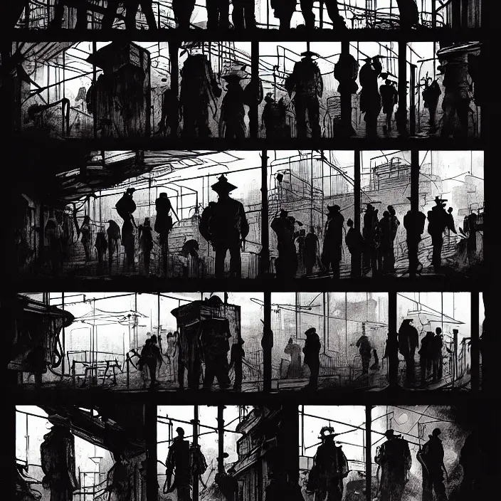 Prompt: a long queue to a big box / booth. sadie sink as a miner in the queue. storyboard, scifi cyberpunk. by gabriel hardman, joe alves, chris bonura. cinematic atmosphere, detailed and intricate, perfect anatomy