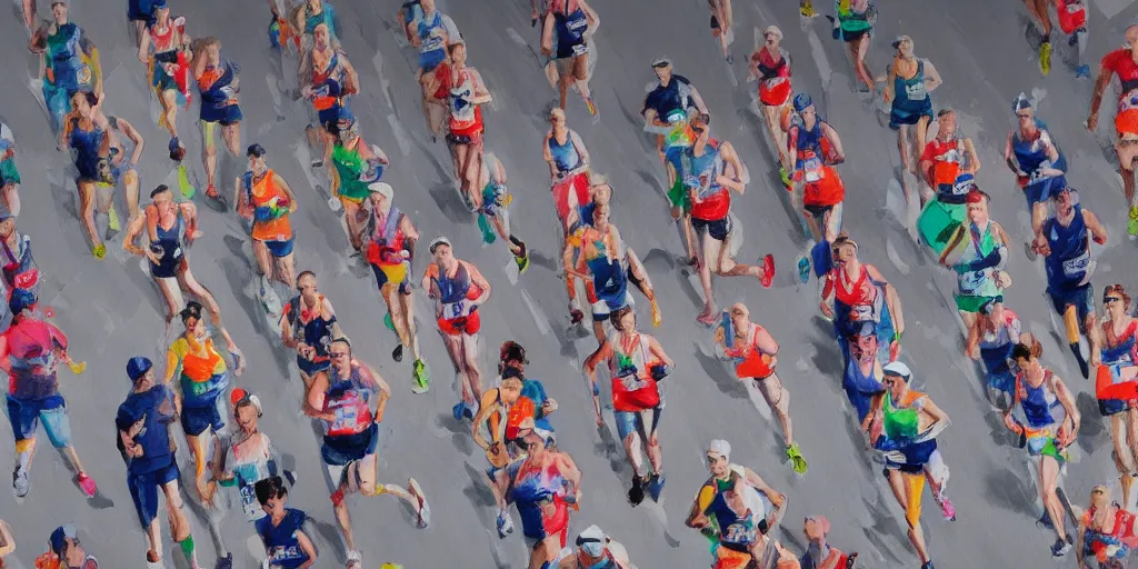 Image similar to sketch of marathon runners in a long row, studio background, studio lighting, fashion shoot, detailed, diverse crowd, new balance colours