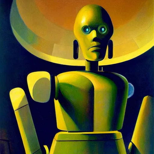 Image similar to portrait of a sophisticated robot inside a dome, pj crook, grant wood, edward hopper, syd mead, chiaroscuro, oil on canvas