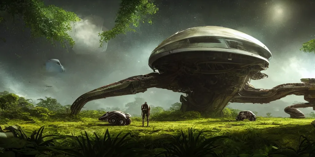 Image similar to a huge futuristic rusty abandoned old alien spaceship, next to it a smaller exploration vehicle on a landing pad, surrounded by a lush alien jungle, in the foreground two explorers are arguing, clear skies, volumetric light, hyperdetailed, artstation, cgsociety, 8k