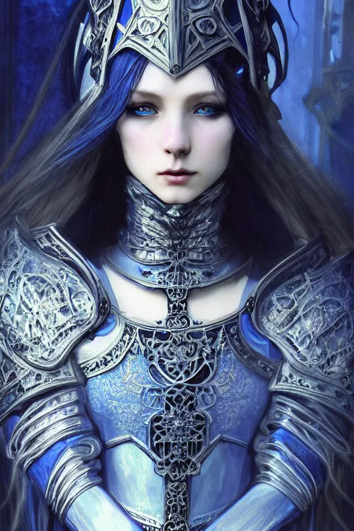 Image similar to beautiful luxury and gothic and victorian and evil medieval female blue & white color armor knight portrait+smoky eyes+light flowing hair, in ruin gothic cathedral, ultradetail face, art and illustration by tian zi and craig mullins and WLOP and alphonse mucha, fantasy, intricate complexity, human structure, fantasy world concept, watermark, blurry, hyperrealism 8k