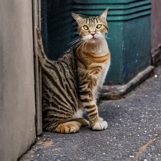 Prompt: A tabby cat playing harmonica in an alleyway