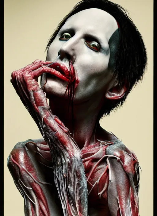 Prompt: portrait of Marilyn Manson with translucent skin, visible muscles and veins and arteries and bones and spines and nerves, beautiful detailed intricate insanely detailed octane render, 8k artistic photography, photorealistic, chiaroscuro, by David Cronenberg, Raphael, Caravaggio
