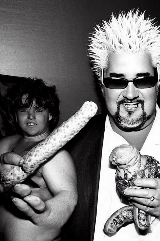 Image similar to beautifully composed, grainy photograph of bemused Guy Fieri holding a huge weiner