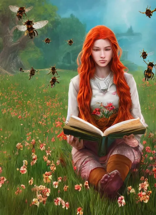 Prompt: An epic fantasy comic book style portrait painting of a young red headed girl reading a book in a field of flowers surrounded by bees in the style of the wheel of time, unreal 5, DAZ, hyperrealistic, octane render, cosplay, RPG portrait, dynamic lighting