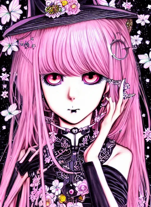 Image similar to dark fantastic manga beautiful cat girl witch aside a robot, pink hair, rococo dress, symmetrical face, cute, fairy, by mai yoneyama, takeshi obata, katsuhiro otomo, detailed background, illustration, artstation, concept art, highly detailed, colorful, maximalist