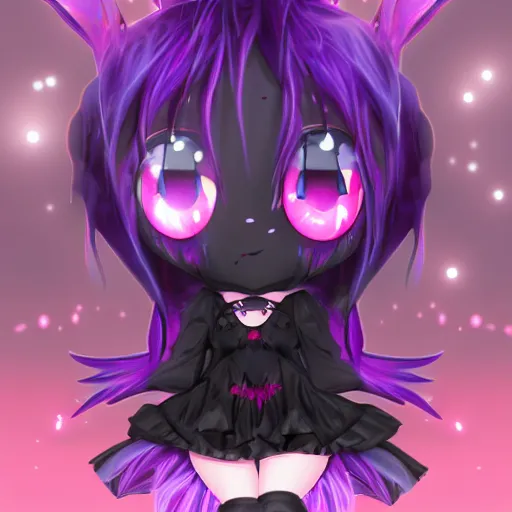 Image similar to cute fumo plush of a void imp who crawled out a hole in reality, anime girl, black and purple flares and ribbon and heart, ruffled and tattered dress, symmetry, gothic, melting crayons, glow, vray