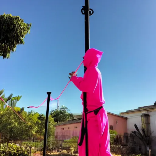 Image similar to a ninja with sword standing on a pole in neon pink clothes