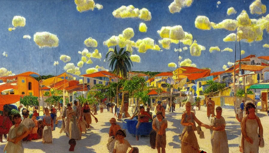 Prompt: a 1 9 9 8 brazilian nordeste town designed by jules bastien - lepage, tarsila do amaral, frank weston and gustave baumann, trending on artstation, mediterranean, star, sharp focus, colorful refracted sparkles and lines, soft light, 8 k 4 k