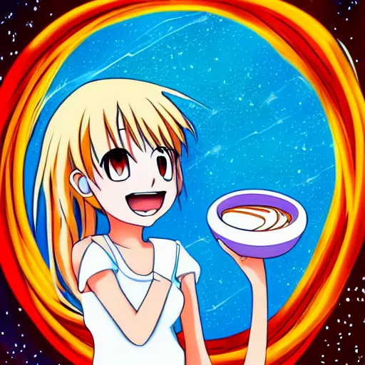 Prompt: Yandere anime girl smiling whilst holding a bowl of spaghetti in space, digital art