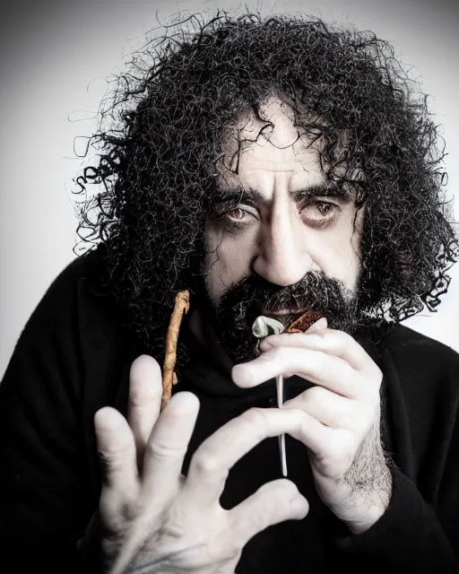 Prompt: caparezza smoking a cigar, intense photo, sharp focus, studio lighting