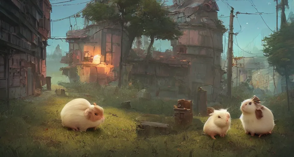 Image similar to hyper realistic cute guineapigs everywhere, by simon stalenhag, frank frazetta, greg rutkowski, beeple, yoko taro, christian macnevin, wlop and krenz cushart, epic fantasy character art, volumetric outdoor lighting, midday, high fantasy, cgsociety, cheerful colours, full length, exquisite detail, post - processing, masterpiece, cinematic