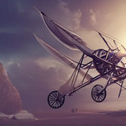 Prompt: leonardo da vinci's flying machine, futuristic, 3d octane render, raytracing, 8k, highly detailed, very cool, very detailed, elaborate, foreground light, background blurry