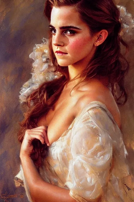 Prompt: detailed portrait of a beautiful emma watson 1 9 8 0 s hairstyle muscular, painting by gaston bussiere, craig mullins, j. c. leyendecker