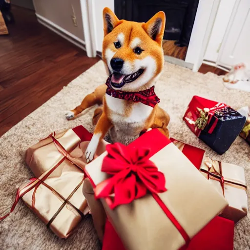 Image similar to an excited shiba inu dog unwrapping a pile of presents and gifts on the ground during christmas, warm themed