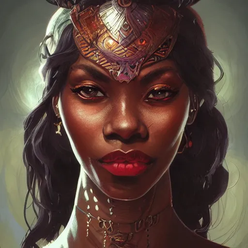 Image similar to portrait of a beautiful blackwomen devil warrior MTG iluustration, demon hunter ,intricate, headshot, highly detailed, digital painting, artstation, concept art, cinematic lighting, illustration, art by artgerm and greg rutkowski, alphonse mucha, cgsociety, science fiction