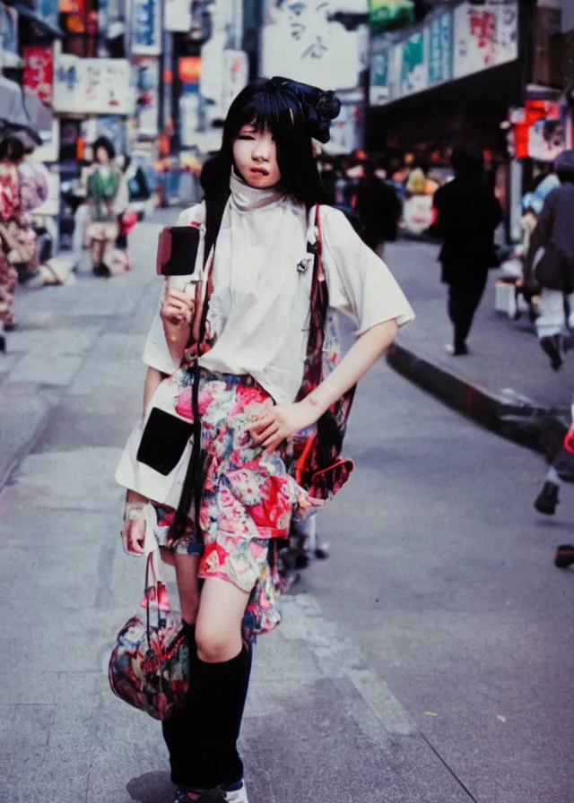 Image similar to a street fashion photograph of a young japanese woman in 9 0 s fashion, in tokyo akihabara, shot on cinestill 5 0 d with a canon 3 5 mm at f / 5. 6 lens, print magazine, photorealistic, nineties nostalgia, 4 k