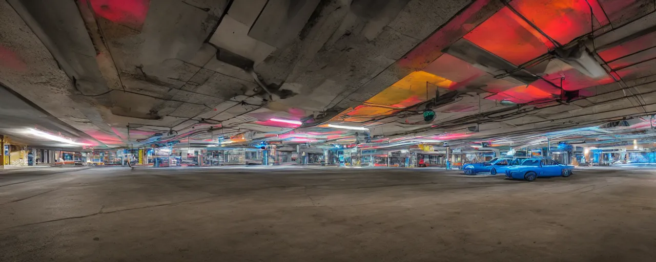 Prompt: underground parking garage, colorful cars and trucks, fish eye, halogen wall lights, octane renderer, 8k,HDR color, vibrant